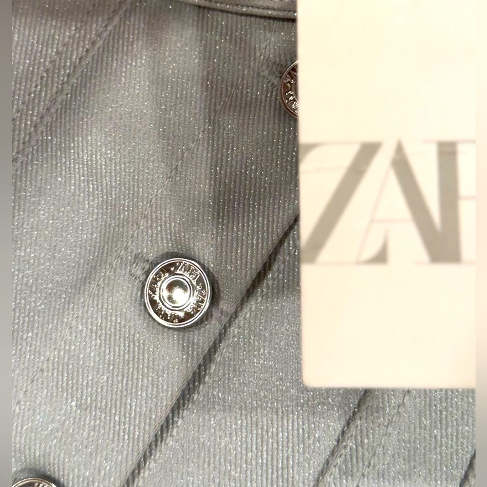 ZARA Denim Crop Top Corset Bustier Subtle Sheen Sparkle Shimmer Silver NWT Small - Picture 6 of 6